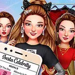 Tres mujeres posando frente a un armario lleno de ropa elegante, con un teléfono que muestra una pantalla de red social