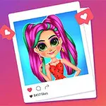 Dibujo de una chica con cabello rosa y verde, ojos grandes, y vestido rojo, en una imagen de estilo red social