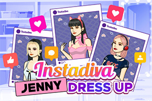 Tres ilustraciones de mujeres con diferentes estilos de moda sobre un fondo morado con corazones y el texto Instadiva Jenny Dress Up