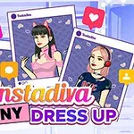 Tres ilustraciones de mujeres con diferentes estilos de moda sobre un fondo morado con corazones y el texto Instadiva Jenny Dress Up