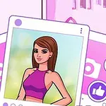 Ilustración de una mujer con cabello castaño y camiseta morada, rodeada de iconos de redes sociales en un fondo rosado