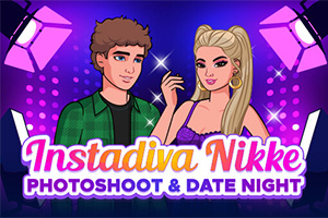 Ilustración de una pareja posando bajo luces de estudio con un fondo púrpura, junto al texto Instadiva Nikke Photoshoot & Date Night