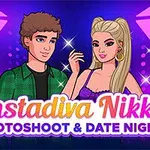 Ilustración de una pareja posando bajo luces de estudio con un fondo púrpura, junto al texto Instadiva Nikke Photoshoot & Date Night