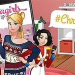 Dos personajes femeninos con ropa festiva de Navidad en un cuarto adornado, con un letrero que dice #Christmas