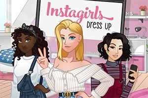 Tres chicas con diferentes estilos de ropa y peinados posan frente a un letrero que dice Instagirls Dress Up en una habitación decorada