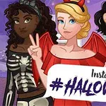 Tres chicas con disfraces de Halloween: una vestida de esqueleto, otra de diablita y la tercera de ninja, con un texto que dice Instagirls #HALLOWEEN