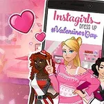 Tres chicas con ropa de moda posan frente a un teléfono inteligente con un tema de San Valentín de fondo rosado y corazones