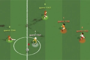 Jugadores en un partido de fútbol virtual con etiquetas de usuarios sobre césped verde