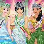 Cuatro princesas vestidas de gala con coronas y bandas que representan diferentes países posan juntas en un escenario festivo