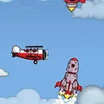 Cielo azul con nubes, un avión biplano rojo y un cohete gris ascendiendo