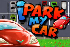 Un auto rojo en primer plano con la frase iPark My Car y un estacionamiento lleno de coches al fondo