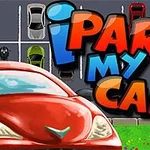 Un auto rojo en primer plano con la frase iPark My Car y un estacionamiento lleno de coches al fondo
