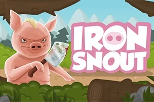 Un cerdo rosado sosteniendo un hacha en un entorno de bosque con la inscripción Iron Snout
