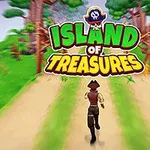 Pirata corriendo por un camino entre árboles en una isla con el texto Island of Treasures al frente