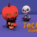 Personajes de caricatura con cabeza de calabaza y esqueleto, acompañados del texto JackO Gunner sobre un fondo morado