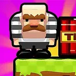 Personaje de dibujos animados con bigote y uniforme de prisión al lado de un bloque de dinamita en un escenario de plataforma con fondo rosa brillante