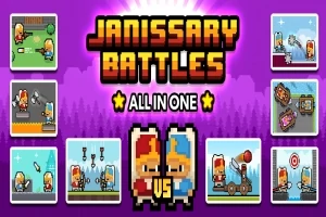 Dos personajes con cascos rojos y azules se enfrentan, rodeados de miniaturas de escenas de batallas en un diseño de estilo pixelado sobre un fondo morado