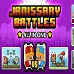 Dos personajes con cascos rojos y azules se enfrentan, rodeados de miniaturas de escenas de batallas en un diseño de estilo pixelado sobre un fondo morado