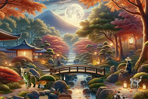 Paisaje japonés nocturno con luna llena, un puente de madera sobre un arroyo, faroles encendidos, árboles de otoño y un ciervo junto a un jardín tradicional