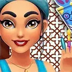 Mujer sonriente con un pañuelo azul en la cabeza, sosteniendo varios tubos de pintura frente a un fondo decorativo