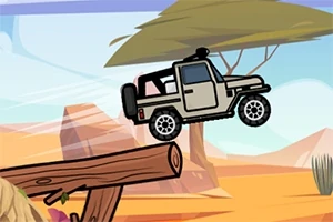 Jeep saltando sobre una rampa en un paisaje desértico con árboles y montañas al fondo
