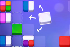 Cubos de colores en un tablero azul con flechas indicando movimientos