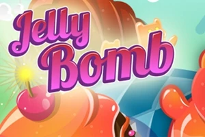 Ilustración colorida con una cereza, gelatinas y el texto Jelly Bomb en el centro