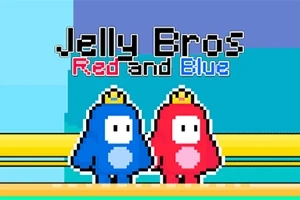 Dos personajes pixelados, uno azul y otro rojo, con coronas, sobre un fondo colorido con texto en la parte superior