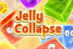 Cubos de gelatina de colores con caras y el texto Jelly Collapse en el centro