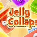 Cubos de gelatina de colores con caras y el texto Jelly Collapse en el centro