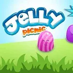 Dulces de gelatina coloridos sobre hierba con el texto Jelly Picnic y un trofeo con +500 en un fondo azul