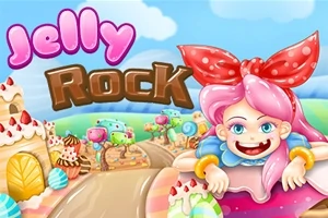 Niña con cabello rosa y lazo rojo sonriendo en un paisaje de dulces coloridos con pasteles y caramelos