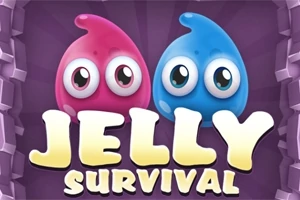 Dos figuras de gelatina con ojos grandes, una rosa y otra azul, sobre un fondo púrpura con el texto Jelly Survival en amarillo
