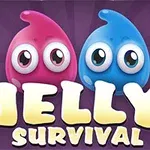 Dos figuras de gelatina con ojos grandes, una rosa y otra azul, sobre un fondo púrpura con el texto Jelly Survival en amarillo