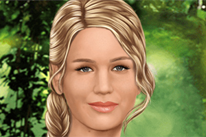 Retrato de una mujer rubia con cabello recogido en una trenza, sobre un fondo verde y natural