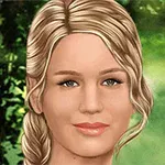 Retrato de una mujer rubia con cabello recogido en una trenza, sobre un fondo verde y natural