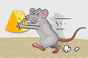 Ratón caricaturizado corriendo mientras sostiene un trozo de queso amarillo