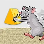 Ratón caricaturizado corriendo mientras sostiene un trozo de queso amarillo