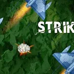 Aviones azules volando sobre un paisaje verde con explosiones y la palabra STRIKE