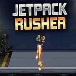 Personaje con jetpack volando en un entorno industrial con el texto Jetpack Rusher en la parte superior