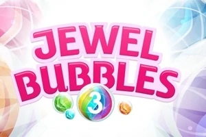 Texto en letras rosadas grandes que dice JEWEL BUBBLES con una burbuja central multicolor y el número 3, rodeado de burbujas coloridas