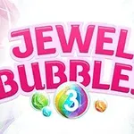Texto en letras rosadas grandes que dice JEWEL BUBBLES con una burbuja central multicolor y el número 3, rodeado de burbujas coloridas