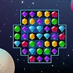 Gemas de colores brillantes dispuestas en una cuadrícula sobre un fondo espacial oscuro con planetas