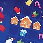Un fondo azul con imágenes de tema navideño, incluyendo casitas de jengibre, muñecos de nieve, regalos y bastones de caramelo, junto a un lazo rojo con texto decorativo