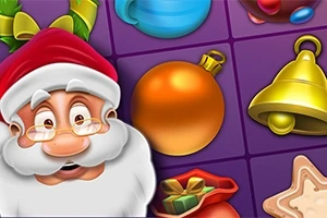 Santa Claus sonriente con gorro rojo junto a adornos navideños como esferas, campana dorada y regalos sobre fondo morado