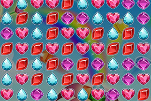 Gemas de colores en forma de corazones, gotas y rombos sobre un fondo azul con un arcoíris