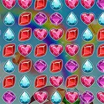 Gemas de colores en forma de corazones, gotas y rombos sobre un fondo azul con un arcoíris
