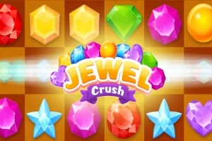 Joyería colorida en varias formas sobre un fondo marrón, con el texto Jewel Crush en el centro