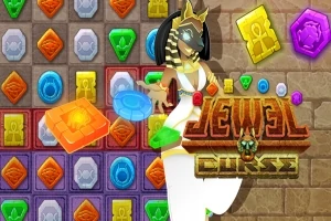Personaje con tocado egipcio junto a un tablero de bloques coloridos y el texto Jewel Curse