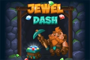 Mineros y joyas brillantes en un túnel con un gráfico colorido y letras Jewel Dash